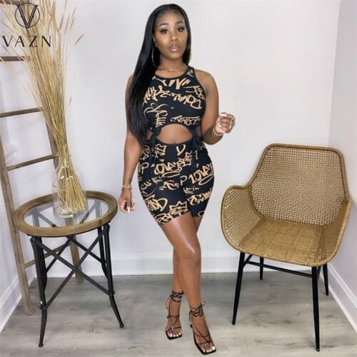 VAZN 202 INS Special Beach Set Bandage Top Letter Tank Sleeve Top Short Pants Open Young Women Skinny 2 Piece Set