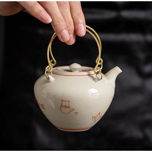 Grass Wood Gray Glazed Handle Pot Ceramic Filter Teapot Copper Handle Teakettle Japanese Style Small Tea Maker Household Teaset