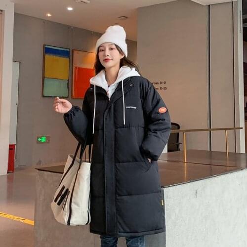 Korean Style Womens Long Puffer Coat Hooded Solid Cotton Padded Ladies Casual Winter Jacket Zipper Thick Parkas for Female