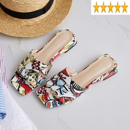 On Designer Slip Real Leather Women Outside Slippers Fashion Graffiti Summer Leisure Shoes Street Square Toe Low Heels Sandals