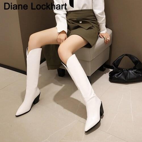 Designer Western Black KneeHigh Boots For Women Pointed Toe Cowboy Boots Chunky Wedges Boots Runway Ladies Motorcycle 2020 New