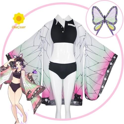 Demon Slayer Swimsuit Anime Kochou Shinobu Cosplay Costume Bikini Kimetsu No Yaiba Swimwear with Hairpin Summer Girls Women