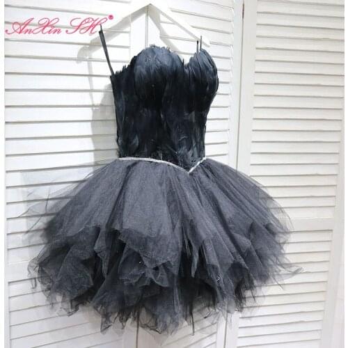 AnXin SH princess black feather lace Fashion short evening dress White beading crystal strapless stage bride little black Dress