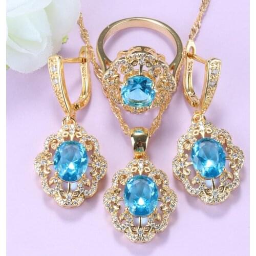 11.11 Pre-Sale Free Independent Gift Box Blue Cubic Zirconia Wedding Trendy Costume Brazilian Gold-Color Jewelry Set For Women