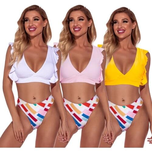 2021 Womens Two Pieces Swimsuits White/Pink/Yellow Sleeveless Ruffle Bikini Tops Geometry Print Swimwear Bottoms Ladies Biquini