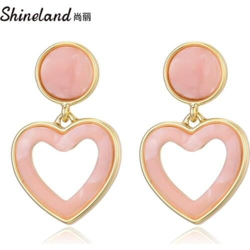 Shineland Hot Sale Pink Enamel Hollow Heart Drop Dangle Earrings For Women Fashion Party Jewelry Lover Gift brincos