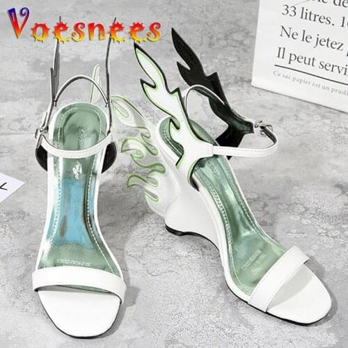Brand Women Shoes Flame Sandals 2021 Summer New Fashion Word Wedges High Heels 10cm Female Black Party Shoes Exotic Sexy Heels