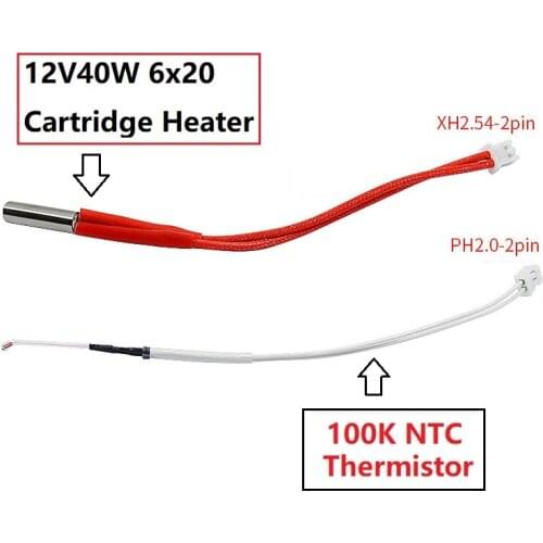 MEGA 3SETS Heater Cartridge 12V 40W 6*20mm With 2pin XH2.54 Terminal 100K Thermistor PH2.0 2pin Heating DIY 3D Printer Part
