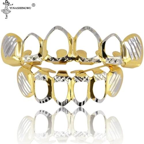 Hip Hop Hollow TeethGrillz GANGSTER Bling Gold TeethGrillz Top Bottom Grills Set Silicone Vampire Teeth Body Jewelry For Men New