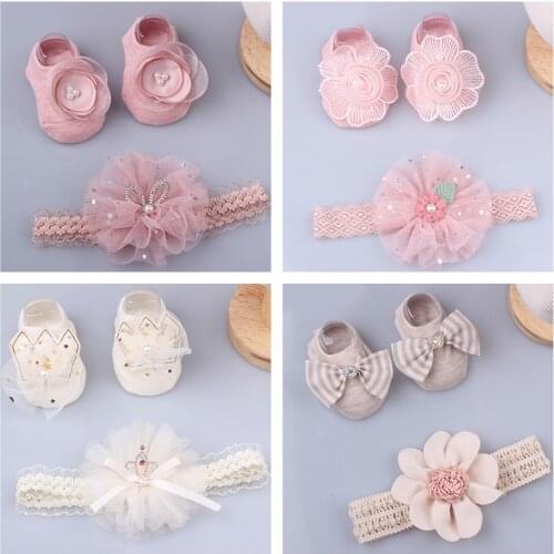 2 Pcs/Set Baby Girl Headband Socks Set Pincess Lace Flower Newborn Elastic Hairband for Girls Baby Shower Gifts Hair Accessories