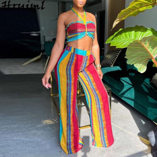 Club Outfit Set Women Tube Top Long Pants Striped Color Matching Sexy Women Suit Summer New Fashion Streetwear Trouser Sets 2021