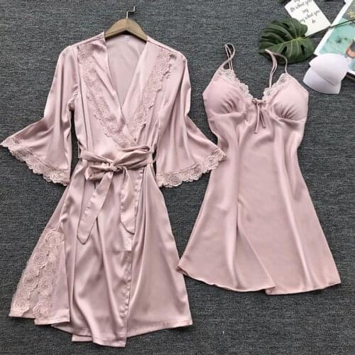 SLPBELY 2PCS Women Nightrobe Pajamas Sets with Pants Sexy Pyjama Satin Flower Print Nightwear Silk Negligee Sleepwear Bathrobe