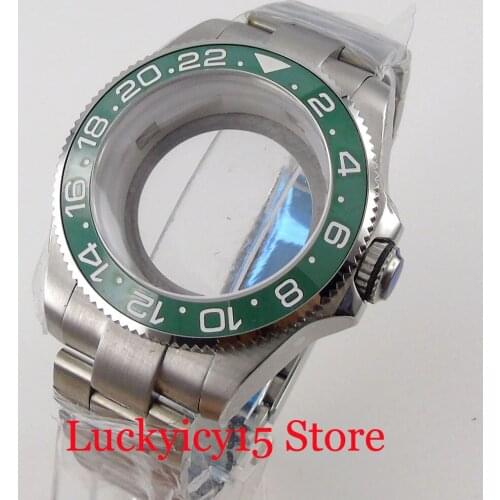 BLIGER 43MM Watch Case Brushed Oyster Strap fitNH35A NH36A See-through Glass Back Unidrectional Bezel Green Insert Sapphire