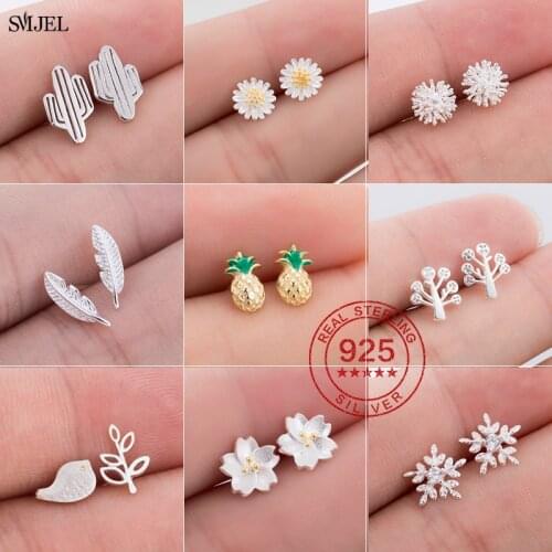 Minimalist Real 100% 925 Sterling Silver Mini Small Leaf Stud Earrings for Women Teen Jewelry Cactus Pineapple Daisy Earing Gift