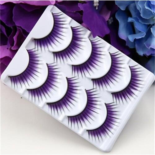 New Smoked Makeup Scene Purple False Eyelashes Cosplay Party Colorful Thick Thin Cross Section False Eyelashes Hot Sale 5 Pairs