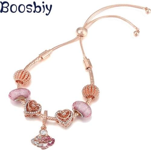 New Design Rose Gold Adjustable Snake Chain Charm Bracelet With Crystal Fan Pendant For Women Romantic Pink Jewelry Gift