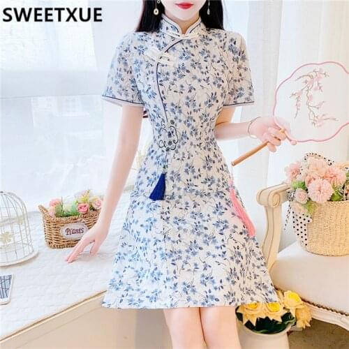 SWEETXUE 2021 Summer French Fashion Designer Vintage Elegant Slim Printed Cheongsam Dress Tassel Sweet Chic Party Female Vestido