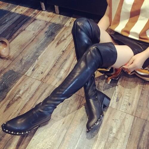 Britain Rivet Medium Heels Long Boots Chunky Square Heel Round Toe Over The Knee Zipper Shoes Fall Spring Winter Boos Thicken