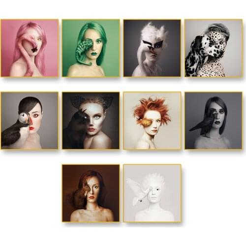 Modern Woman Fashion Figure Pictures Nordic Women Face Dog Cat Fish Animal Posters and Prints Wall Pictures Home Decor Cuadros