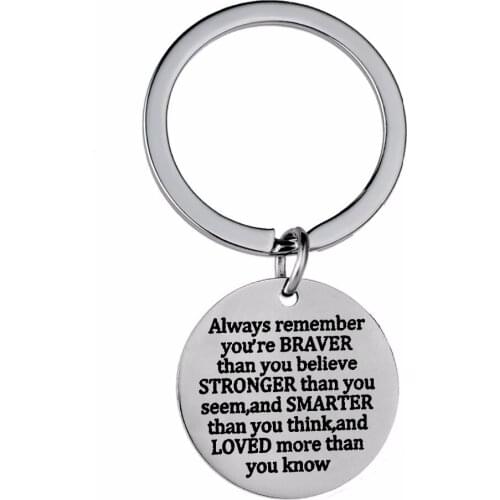 Inspirational Keychain Jewelry Always Remember You're Braver Than You Believe Stronger Than You Seem Stainless Steel Keyring New