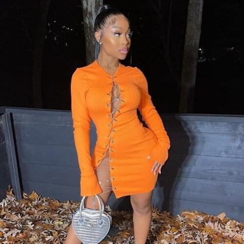 Women Chain Lace Up Sexy Party Dress Spring Hollow Out Bodycon Black Mini Dress Party Club Slit Flare Long Sleeve Dress Vestidos