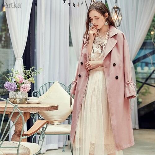 ARTKA 2019 Autumn New Women Coat Elegant Turn-down Collar Pink Windbreaker Casual Double Breasted Trench Coat With Belt FA15081Q