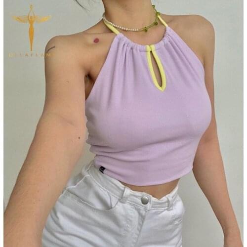Halter Camisole Sexy Hollow Out Sleeveless Crop Tops Womens Macaron Color Lace-Up Tank Vests Femme Sweet Tank Tops Slim Camis
