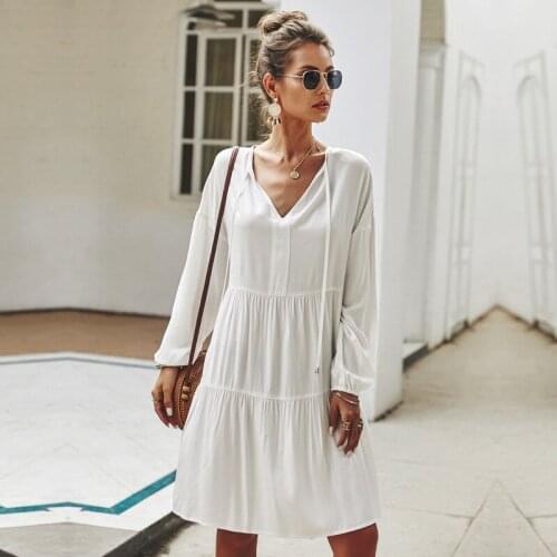 2021 Spring and Summer Dress Women Fashion Loose Casual Lace Up Full Sleeve V-Neck Mid-Calf Solid Color Dress Female