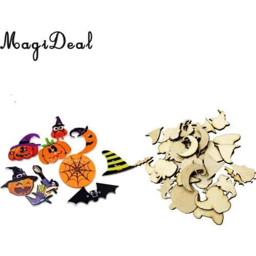 50pcs MDF Wooden Tags Halloween Decoration Craft Blank Pumpkin Bat Ghost Wine Party + 50pcs Scrapbook Wood Halloween Buttons