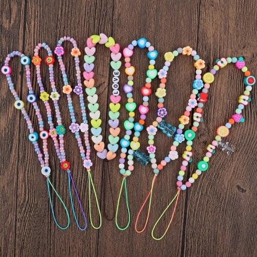 Boho Colorful Acrylic Beads Smile Mobile Phone Chain Cellphone Strap Anti-lost Lanyard For Women Summer Jewelry