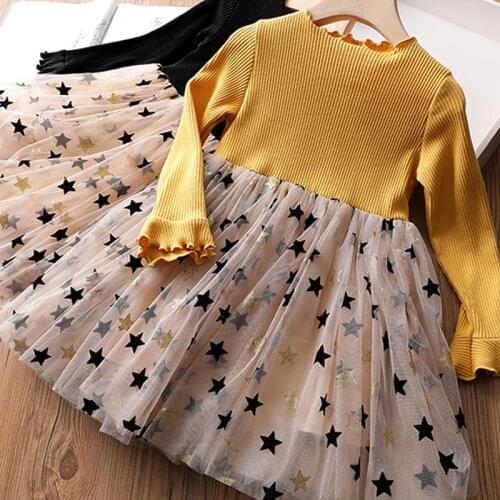 Girl Long Sleeve Dress Kids Autumn Winter Sequin Star Tutu Party Dress Birthday Wedding Vestidos Girls Daily Wear Holiday Dress