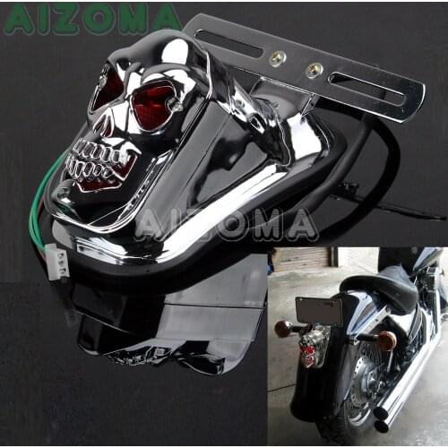 Chrome Tombstone Skull Taillight w/ License Plate Holder For Harley Chopper Custom Bobber Stop Brake Tail Light Rear Fender Lamp