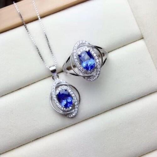KJJEAXCMY boutique jewelry 925 sterling silver inlaid natural Tanzanite Necklace Pendant ring 2 sets