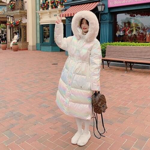 Womens Winter Jacket Laser Glossy Down Long Korean Loose Thick 100% White Duck Hooded Fur Collar Big Size Fashion Coat Female
