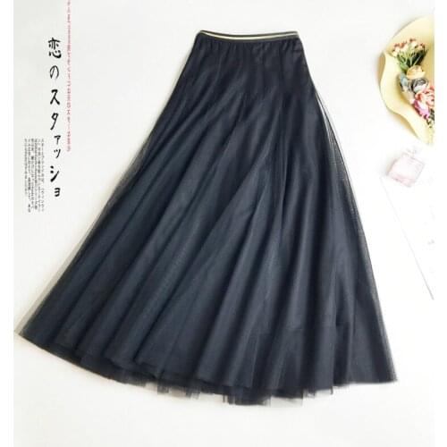 Summer Thin Long High Waist Skirt Women Korean Girl Lolita Style Princess Black Multilayer Tiered Mesh A Line Puffy Skirt Ladies