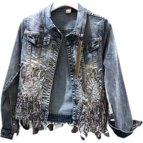 Fashion Handmade Pearl Rivet Denim Jacket Womens Rivet Tassel Slim Jeans Jacket Short Sequined Jeans Jacket Casual Girl Outwear