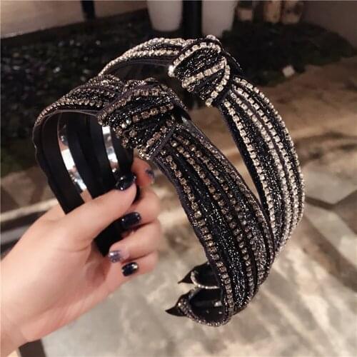 Fashion Bow Knotted Rhinestone Crystal Black Hair Hoop Girls Hair Accessories Hairband Sparkling Headband For Women Female XL103