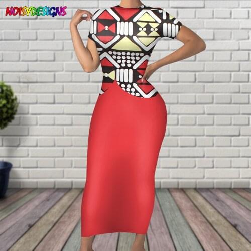 NOISYDESIGNS Elegant Chic O Neck Women Fashion Dress Summer Long Dress African Print Red-Yellow Geometrics Clothes For Women