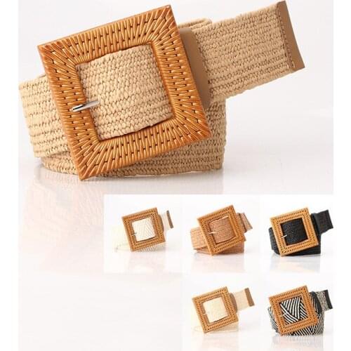 New style grass woven womens elastic waistband personalized big plastic button versatile dress elastic waist cover