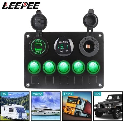 LEEPEE Car Switch Panel 5 Gang LED Toggle Rocker Digital Voltmeter Dual USB Port Waterproof For Car Marine RV SUV Yacht