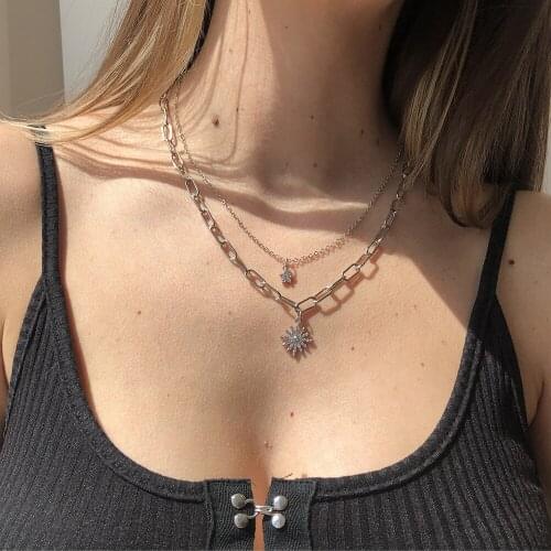 Punk Double Necklaces Sunflower Star Imitation Diamond Necklace for Women Gold Silvery Naszyjniki Damskie Gifts Chain Jewelry
