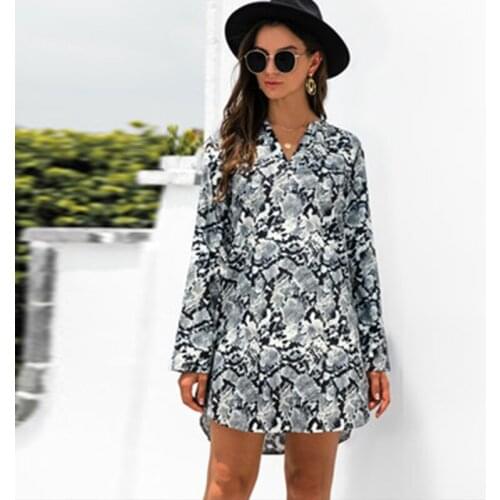 Casual Sundress Women Autumn Shirt Dress Boho V Neck Irregular Loose Sexy Dress Midi Long Sleeve Leopard Print Beach Dresses Hot