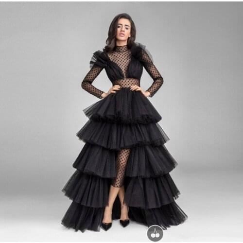 Sexy Black Lace Long Sleeve Prom Dresses Newest Sheer High Neck Tiered Tulle Greek Special Occasion Dress Vestido Formatura