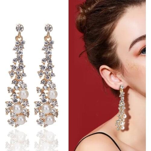 Fashion Luxury Wedding Rhinestone Earrings Elegant Women Bride Pearl Crystal Earring Long Chandelier Earrings Jewelry Accessorie
