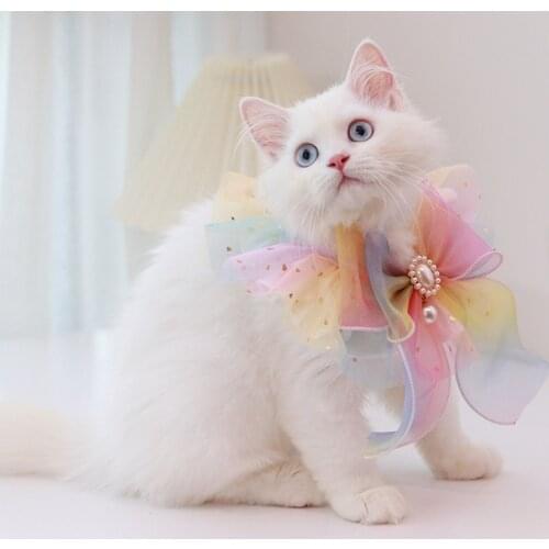 Pearl Bowknot Tulle Cat Collar Bling Glitter Bells Jeweled Sash Dog Scarf for Girl Satin Rainbow Flocking Kitten Puppy Bows Rag