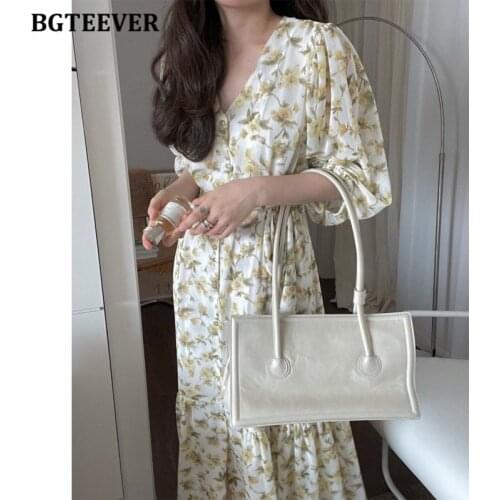 BGTEEVER Spring Summer Chiffon Dress for Women V-neck Single-breasted Lace-up Female Dress Ladies A-line Vestidos 2021