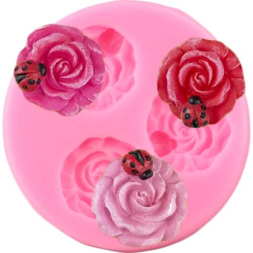 Rose Flower Silicone Mold Ladybug Cupcake Topper Fondant Party Cake Decorating Tools DIY Chocolate Baking Molds Candy Clay Mould