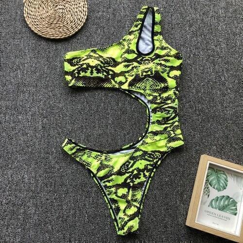 Snakeskin One Piece Swimsuit Women Bathing Suit One Shoulder Cut Out Bodysuit Bathers Bathing Suit String Swimwear Monokini