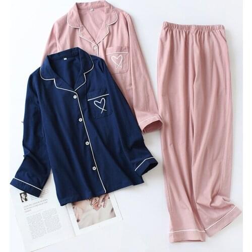 Embroidery Pajamas Women Pure Cotton Solid color Female Spring Sleepwear Warm Casual Mom Homewear Long Shirt Pants 2 Piece/Set