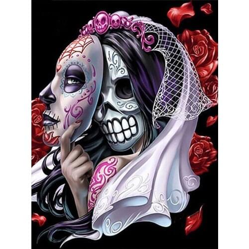 Woman Bride Red Rose Skull Mask Diamond Painting Round Full Drill DIY Mosaic Embroidery 5D Cross Stitch Floral Portrait Picture